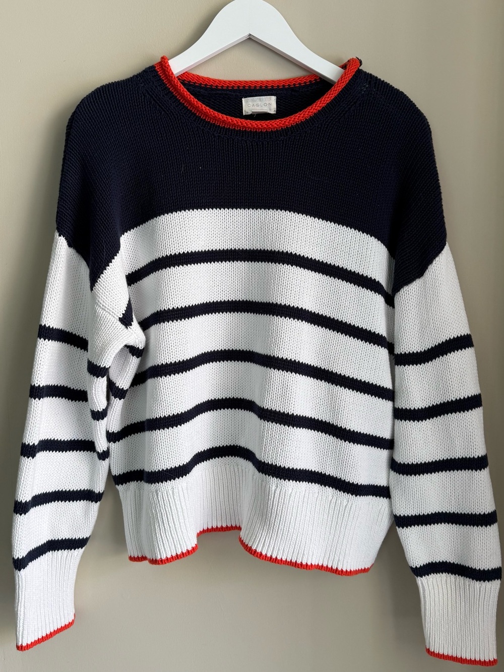Caslon Easy Pima Cotton Roll Neck Lightweight Sweater Navy/White/Orange- size L